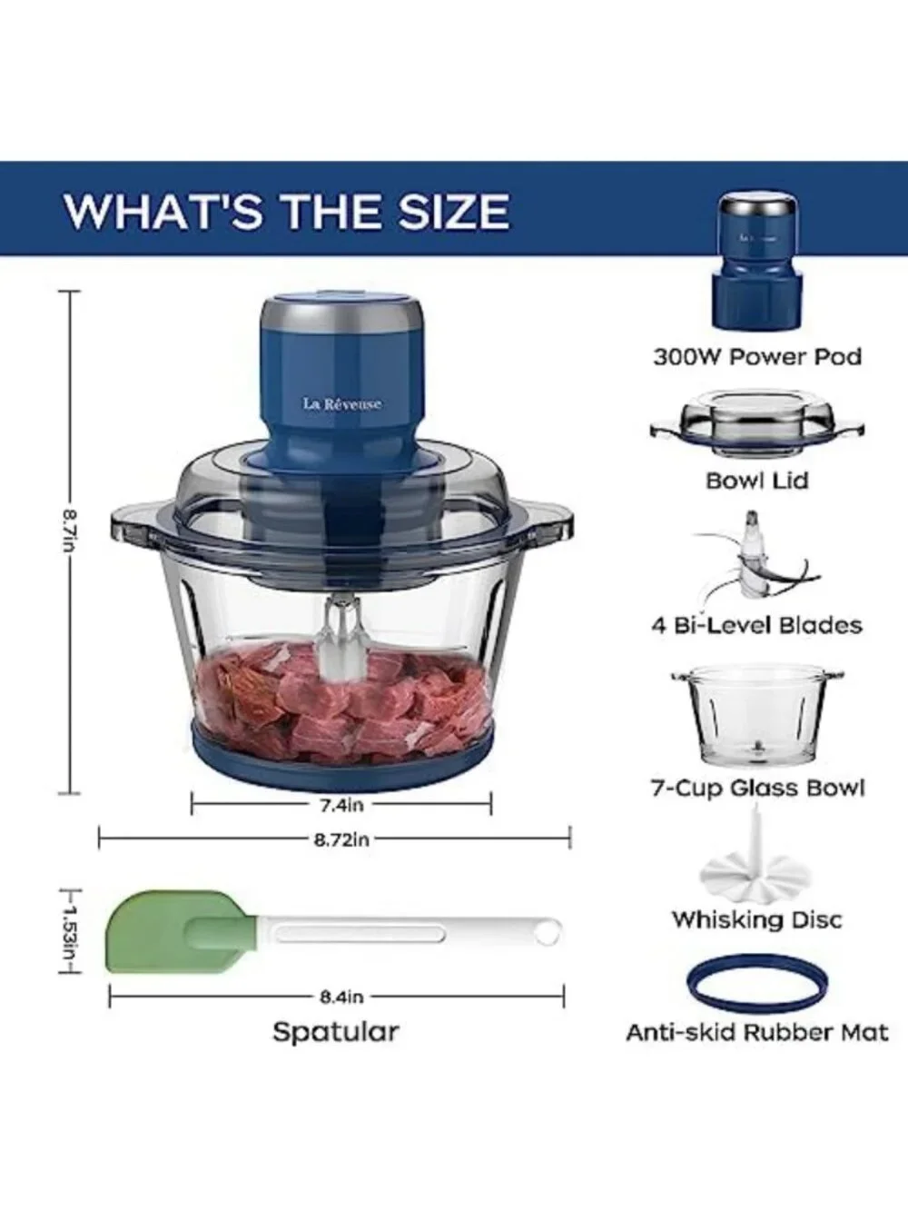 Versatile 7-Cup Electric Food Processor & Chopper with Glass Bowl - Blue Kitchen